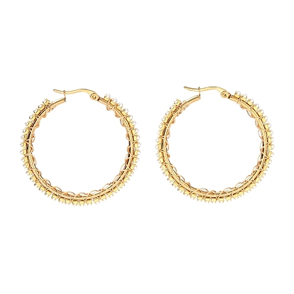 304 Stainless Steel Hoop Earrings, with Acrylic Imitation Pearl Beads and Brass Cup Chains, Ring