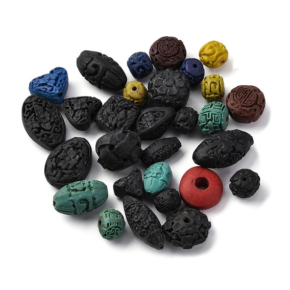 Киноварь бисера, резные лакированные, разноцветные