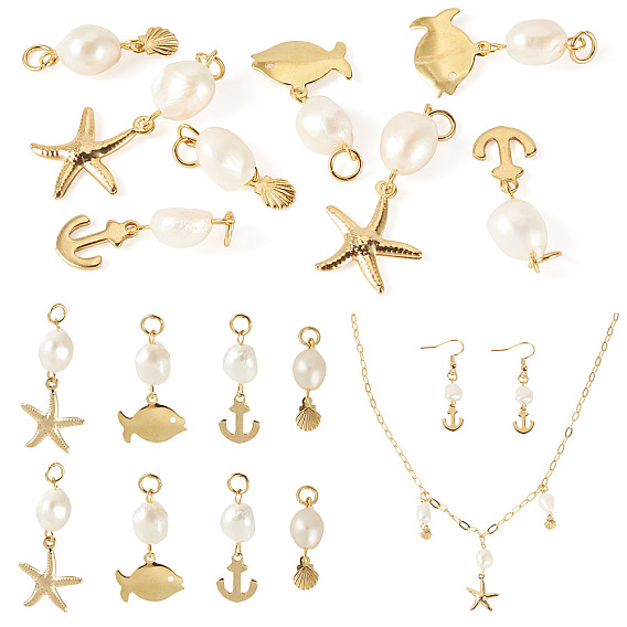 8Pcs 4 Styles Natural Cultured Freshwater Pearl & 304 Stainless Steel Pendants, with Jump Rings, Mixed Shapes