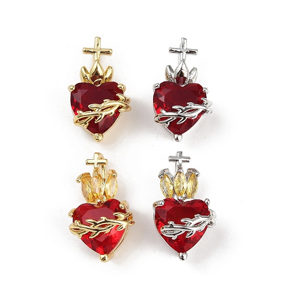 Латунь стекло кулоны, сердце с крестом, без свинца и без кадмия, долговечный, стойки покрытие, граненые