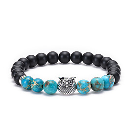 Natural Stone Owl Leopard Lion Bracelet with Emperor Buddha Head Bead