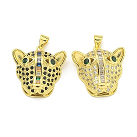Brass Micro Pave Cubic Zirconia Pendants, Real 18K Gold Plated Leopard Head Charms