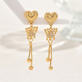 Elegant Copper Tassel Butterfly Stud Earrings, with Zircon for Women