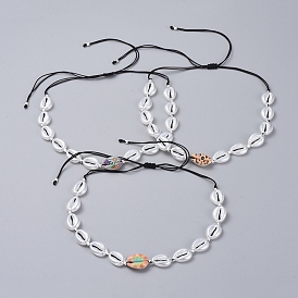 Adjustable Nylon Thread Braided Necklaces, with Acrylic Imitation Pearl Beads, Brass Beads and Printed Cowrie Shell Beads
