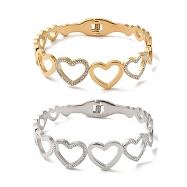 Titanium Steel Crystal Rhinestone Hollow Heart Hinged Bangles for Women