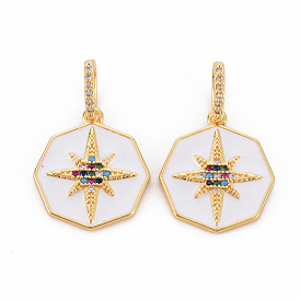 Brass Micro Pave Colorful Cubic Zirconia Pendants, with Enamel, Nickel Free, Real 18K Gold Plated, Octagon