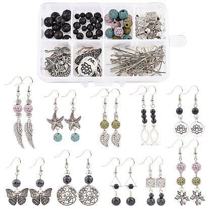 DIY Earring Making Kits, include Natural Lava Rock Round Beads, Alloy Pendants & Links & Beads, CCB Plastic Pendants, Brass Linking Rings & Earring Hooks