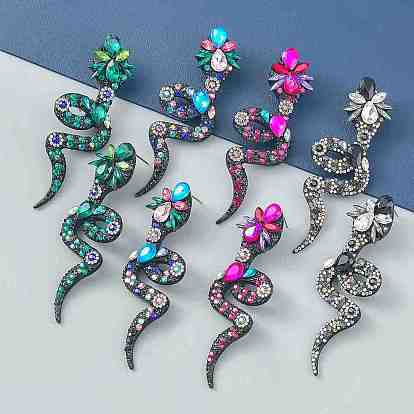 Sparkling Rhinestone Snake Dangle Stud Earrings, Gunmetal Alloy Long Drop Earrings for Women