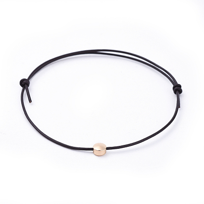Adjustable Cowhide Leather Cord Bracelets, with Brass  Beads, Flat Round