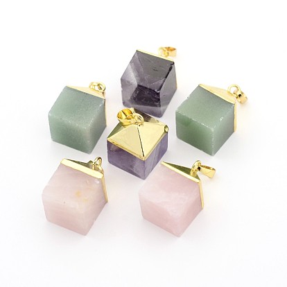 Gemstone Cube Pendants, with Golden Plated Brass Finding, 25x16x16mm, Hole: 5x8mm