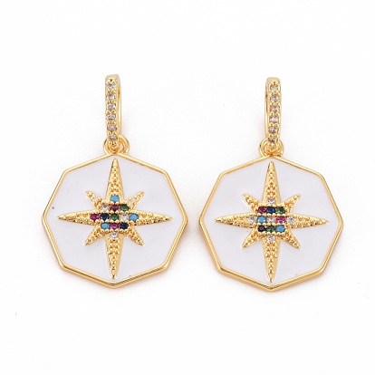 Brass Micro Pave Colorful Cubic Zirconia Pendants, with Enamel, Nickel Free, Real 18K Gold Plated, Octagon