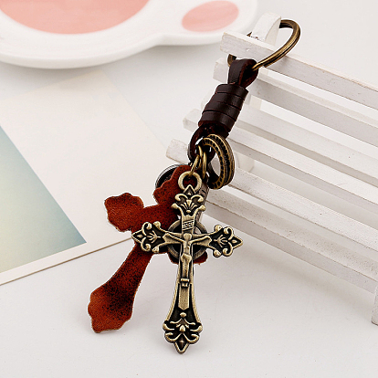 Cowhide & Alloy Pendant Keychains, with Alloy Rings, Cross & Rectangle with Word