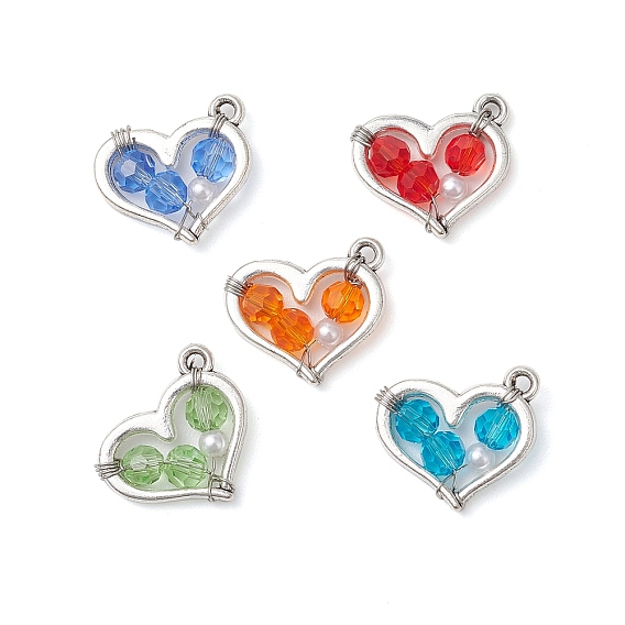 Стеклянные подвески, сердце, с подвесками из искусственного жемчуга и сплава из АБС-пластика, граненый(32 граненый)