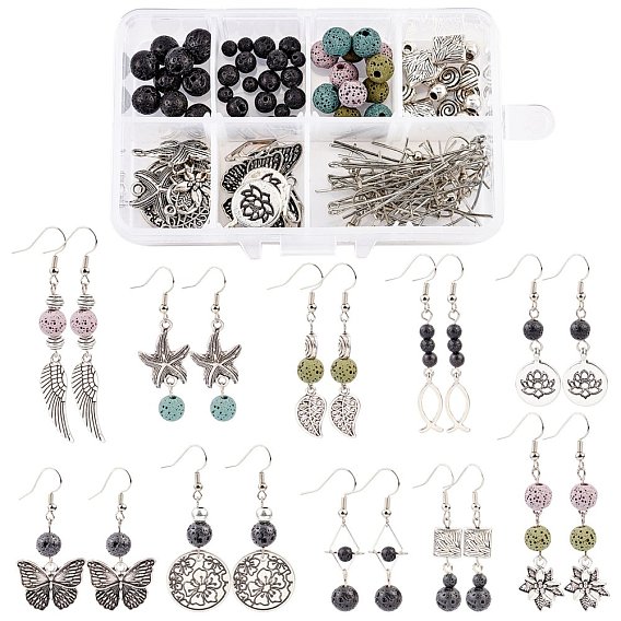 DIY Earring Making Kits, include Natural Lava Rock Round Beads, Alloy Pendants & Links & Beads, CCB Plastic Pendants, Brass Linking Rings & Earring Hooks