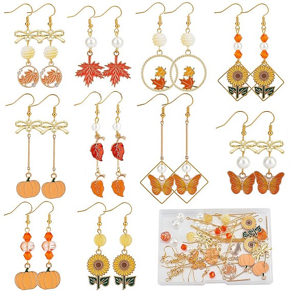 Набор для изготовления сережек на день благодарения, включая стеклянную тыкву, фонарь и акриловые бусины из искусственного жемчуга, эмалевые подвески в виде снежинок, листьев и бабочек, Латунные крючки для сережек