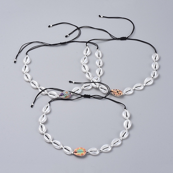 Adjustable Nylon Thread Braided Necklaces, with Acrylic Imitation Pearl Beads, Brass Beads and Printed Cowrie Shell Beads