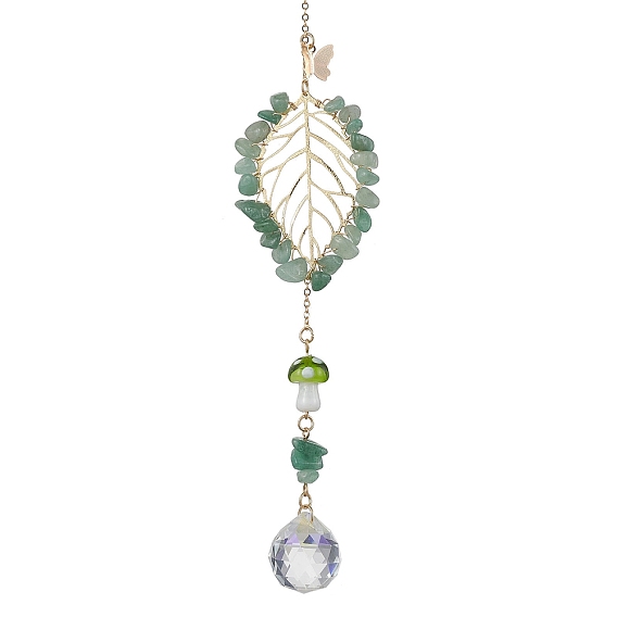 Gemstone with Glass and Lampwork Pendant Decorations, With Alloy Finding, Leaf
