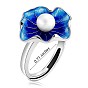 Natural Pearl Beaded Lotus Leaf Adjustable Ring with Enamel, 925 Sterling Silver Jewelry Gift for Women