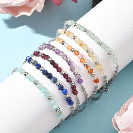 7Pcs 7 Colors Natural Gesmstone Beads Link Bracelets, 304 Stainless Steel Singapore Chains for Women