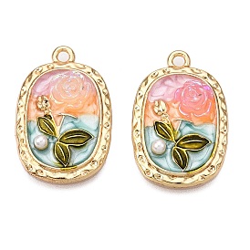 Rack Plating Alloy Enamel Pendants, with ABS Imitation Pearl & Resin, Cadmium Free & Nickel Free & Lead Free, Light Gold, Oval with Flower Charm