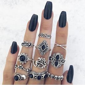 Bohemian Style Vintage Flower Ring Set with Hollow Carved Black Gemstone Joint Rings (11 Pieces)