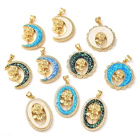 Rack Plating Brass Micro Pave Clear Cubic Zirconia Pendants, with Opal, Cadmium Free & Lead Free, Long-Lasting Plated, Real 18K Gold Plated, Flower