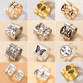 Cartoon Heart Couple Rings, Geometric Letter Ring Set - Unique Fashion Accessories
