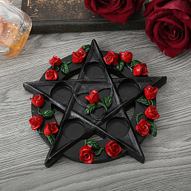Resin Pentagram Rose Candle Holders, Flat Round with Star Candlesticks, for Witchcraft Wiccan Altar Supplies