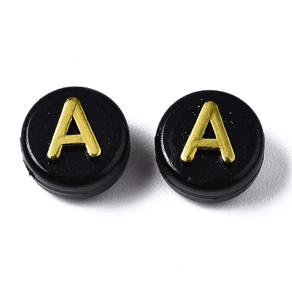 Opaque Black Acrylic Beads, Flat Round with Random Letters