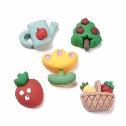 Farm Theme Opaque Resin Cabochons, Tree & Flower & Strawberry & Basket with Fruit & Watering Can