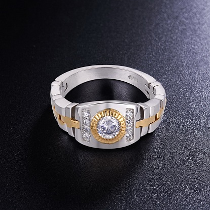 SHEGRACE 925 Sterling Silver Finger Ring, with Watch Chain and Real 18K Gold Plated Round with Two Rows of AAA Cubic Zirconias