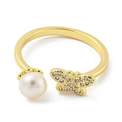 Natural Pearl Butterfly Open Cuff Ring, Brass Finger Ring with Cubic Zirconia