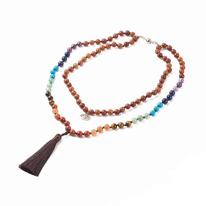 Round Wood & Mixed Gemstone Beaded Double Layer Necklace with Brass Magnetic Claslp, Alloy Lotus & Polyester Tassel Pendants Necklace for Women