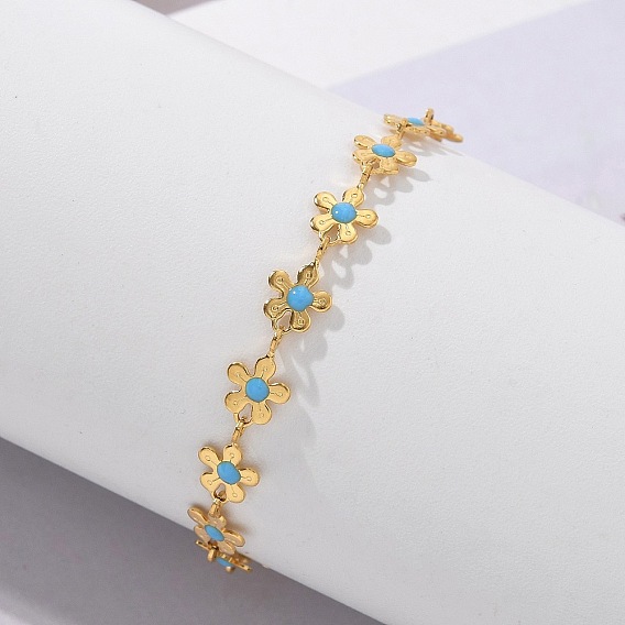 Стиль богема 304 браслеты из нержавеющей стали для женщин, с эмалевым цветочным звеном, с застежками из лобстера и удлинителем цепи