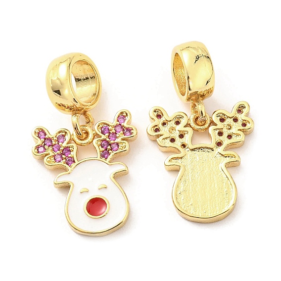 Long-Lasting Plated, Golden Brass Micro Pave Cubic Zirconia Pendents, with Enamel, Lead Free & Cadmium Free, Reindeer
