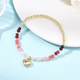 Браслеты с подвесками в виде сердечек из латуни, Браслеты из окрашенного натурального малазийского нефрита и гальванически покрытых немагнитных синтетических гематитовых бусин, эластичные, для женщин.