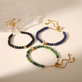 Регулируемые браслеты-слайдеры из натуральных круглых бусин из драгоценных камней, 304 женские браслеты-цепочки из нержавеющей стали, реальный 18 k позолоченный