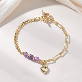 Латунь шарм браслеты, латунные браслеты из скрепок и цепочек-панцирей для женщин, сердце, с естественным аметист