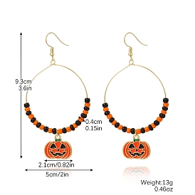 Seed Beads and Alloy Enamel Pendants Dangle Earrings, Halloween Theme, Pumpkin, Golden