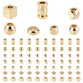 140Pcs 7 Style Brass Spacer Beads, Long-Lasting Plated, Round & Column & Cube