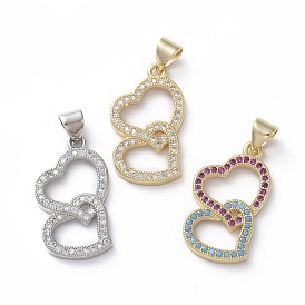 Brass Micro Pave Cubic Zirconia Pendants, Heart to Heart