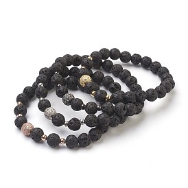 Bracelets Sets, Bracelets Sets, Natural Lava Rock Beads Stretch Bracelets, with Brass Findings and Cubic Zirconia, Round, Cardboard Boxes, Mixed Color