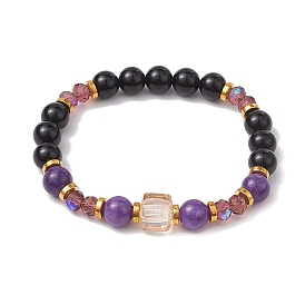 8mm Round Natural Obsidian & Dyed Quartz Beaded Stretch Bracelets, Faceted Cube Glass Bracelets for Women