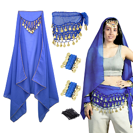 Kits d'accessoires de costumes à faire soi-même, y compris des bracelets de danse du ventre en nylon et en fer, foulard de danse du ventre en soie, bonnet en polyester avec armature métallique et épingles à cheveux en alliage