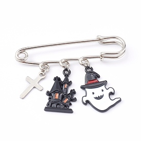 Iron Safety Brooch for Halloween, with Alloy Enamel Pendants, Haunted House & Ghost, Black