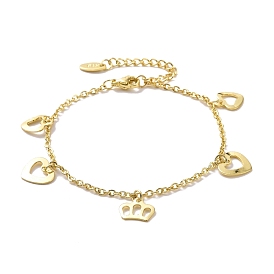 201 Stainless Steel Crown & Heart Charms Bracelet with 304 Stainless Steel Chains for Women
