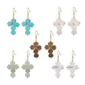 Natural & Synthetic Mixed Gemstone Cross Dangle Earrings, Golden 304 Stainless Steel Jewelry for Women