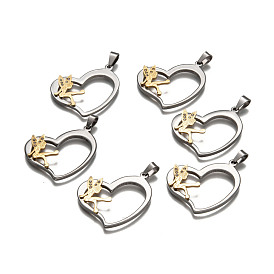 Heart with Fairy 304 Stainless Steel Grade A Rhinestone Pendants, 34.5x30x4mm, Hole: 5.5x9mm