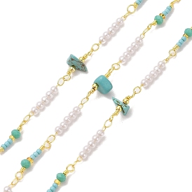 Brass & Synthetic Turquoise & Plastic Beads Link Chain, with Spool, Long-Lasting Plated, Cadmium Free & Lead Free, Soldered