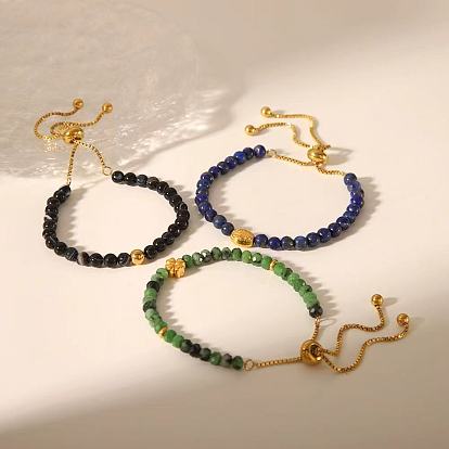 Регулируемые браслеты-слайдеры из натуральных круглых бусин из драгоценных камней, 304 женские браслеты-цепочки из нержавеющей стали, реальный 18 k позолоченный